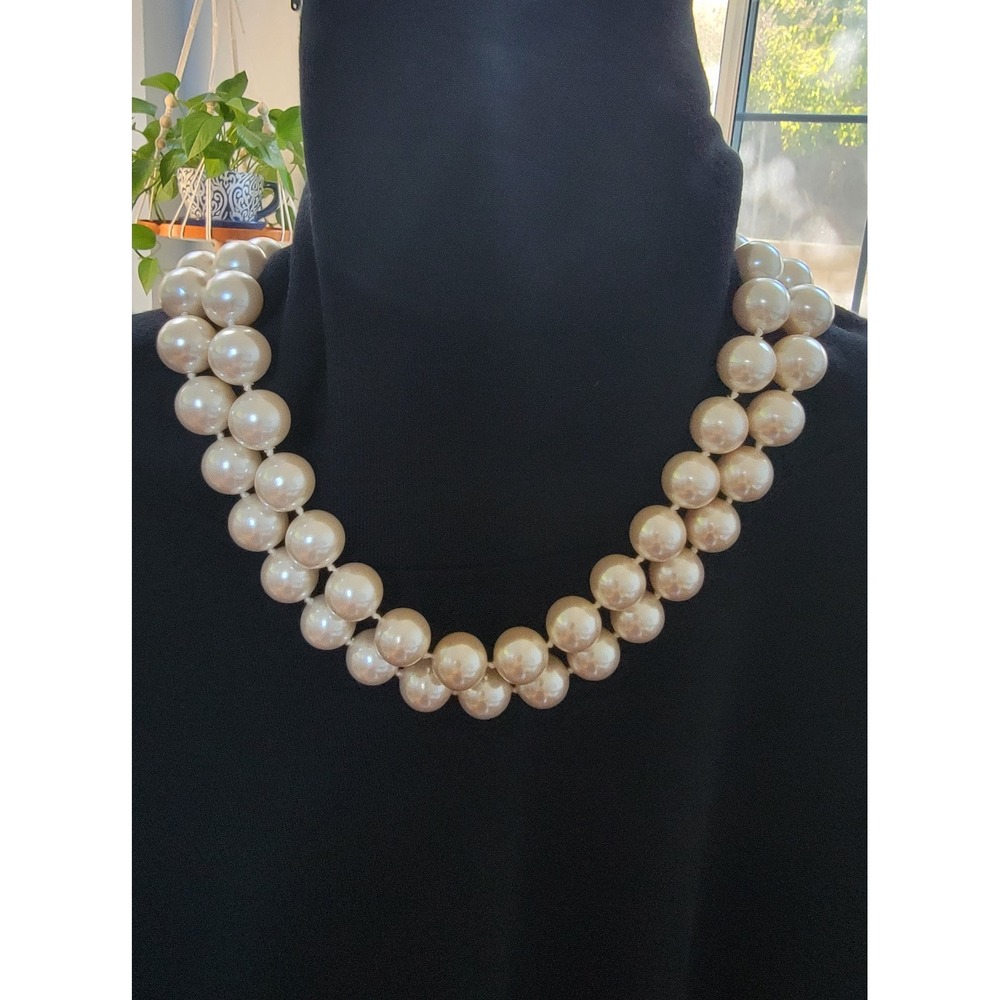 Monet Vintage Double Strand Faux Pearl Necklace Gold Tone Hook Clasp Cream 18in